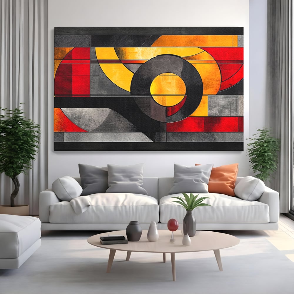 Tablou canvas cu tablou canvas cu forme geometrice abstracte, fara rama, pe sasiu de lemn, pe perete intr-un living